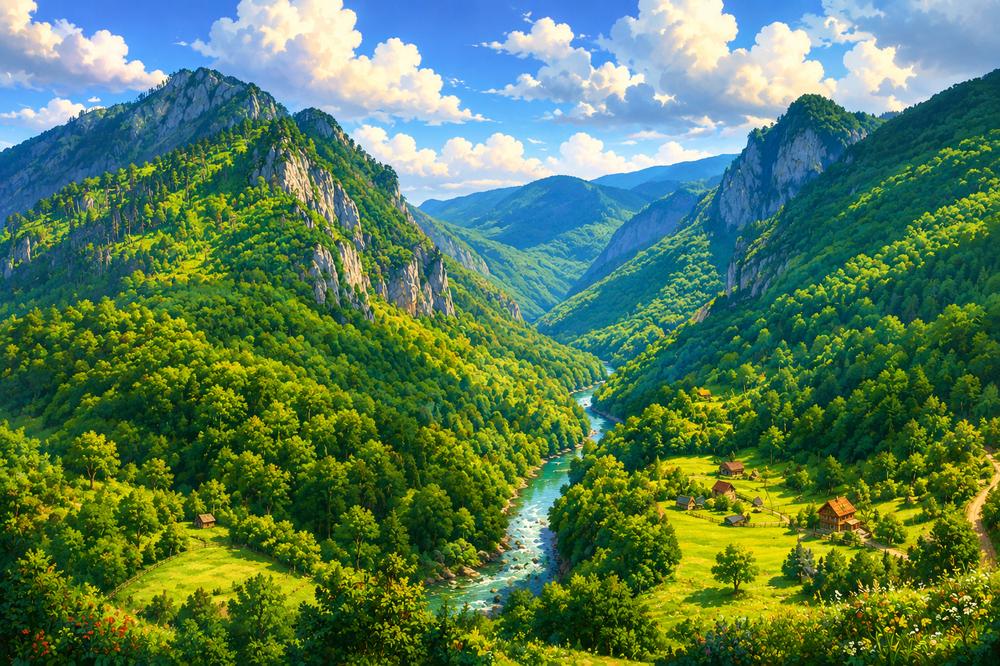 Panoramic viewpoint in Tara National Park above the Drina and forested mountains